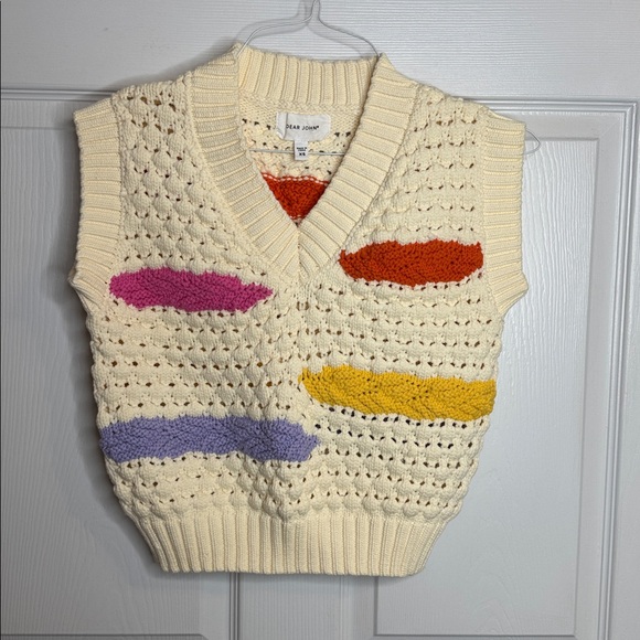 Dear John Gabra pointelle Ivory sweater Vest size XS with multi color stripes - Picture 2 of 7